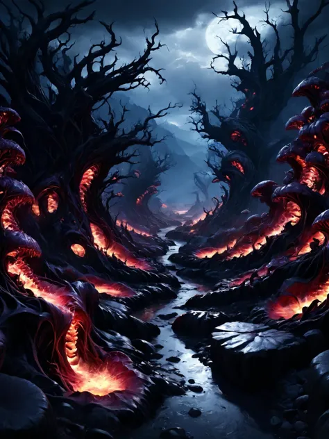 a dark forest with a stream of fire coming out of it