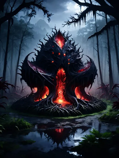 a dark forest with a large demonic creature in the middle of it