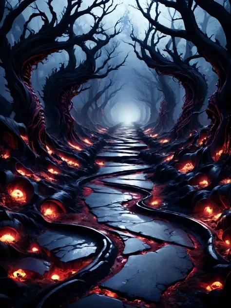 breathtaking an abandoned road cuts through the twisted landscape made of mutated living flesh and teeth, <lora:Cyberfleshmutant:0.6> rotten fleshmutant plants, <lora:DonMD3m0nV31nsXL_v1.1:1> DonMD3m0nV31nsXL, demonic, pulsating veins, bio, organic terrain and ground, <lora:EnvyDreamlandsXL01-adamw:0.5>, dark and mysterious atmosphere,, masterpiece, award-winning, professional, highly detailed, rim lighting