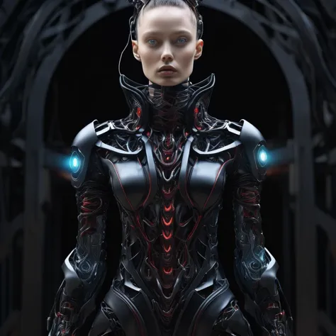 a woman in a futuristic suit stands in a dark tunnel