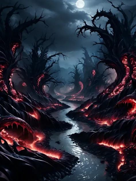 a dark forest with red fire and a river running through it