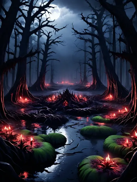 a dark forest with a stream of water and lots of fire