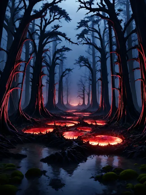 a dark forest with a fire pit in the middle of it