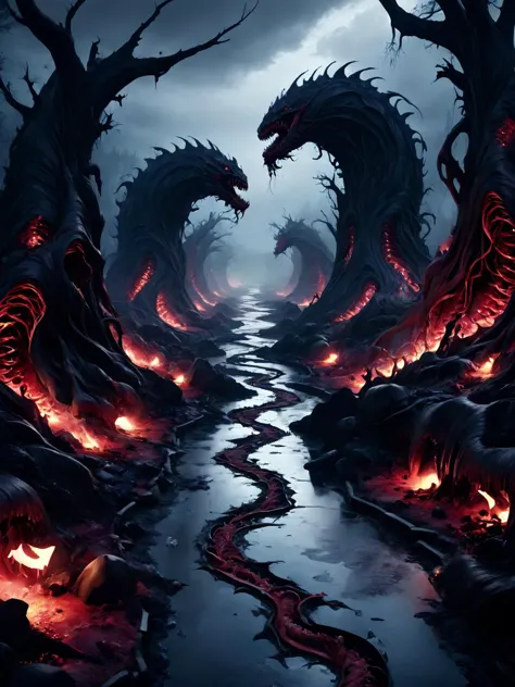 a dark and scary scene with a river and a dragon