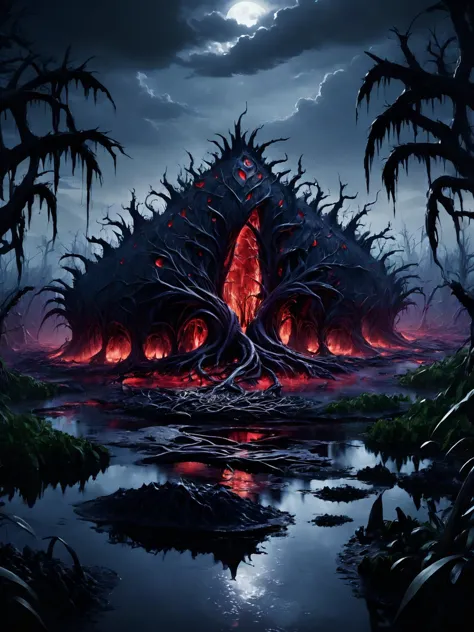 breathtaking an island made of mutated living flesh and teeth in the middle of a toxic swamp, <lora:Cyberfleshmutant:0.6> rotten fleshmutant plants, <lora:DonMD3m0nV31nsXL_v1.1:1> DonMD3m0nV31nsXL, demonic, pulsating veins, bio, organic terrain and ground, <lora:EnvyDreamlandsXL01-adamw:0.5>, dark and mysterious atmosphere,, masterpiece, award-winning, professional, highly detailed, rim lighting