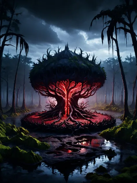 a painting of a tree with a red light in the middle of it