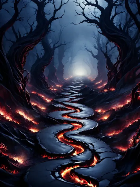 a dark forest with a stream of fire running through it