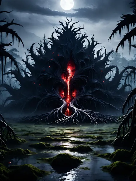 a dark forest with a large tree with a red fire in it