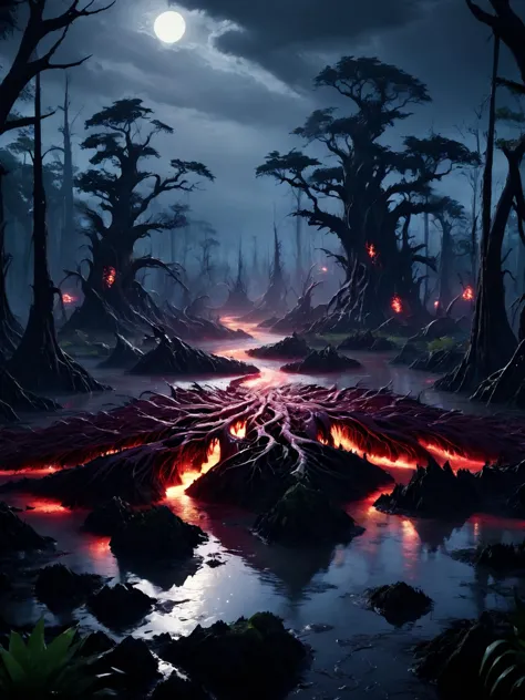 a dark forest with a fire trail in the middle of it