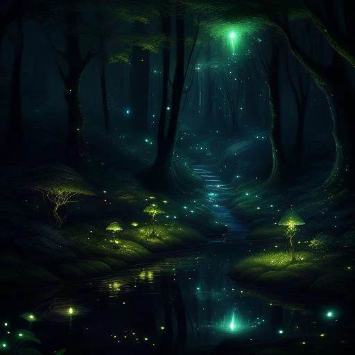빛나는 반딧불이와 시냇물이 졸졸 흐르는 마법의 숲, 우뚝 솟은 나무들에 둘러싸여 있고 안개에 가려져 있다, 마법 같은, 미묘한, 꿈같은, 양식에 일치시키는