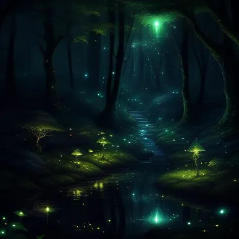 Enchanted forest with glowing fireflies and a babbling brook, surrounded by towering trees and shrouded in mist, magical, ethere...