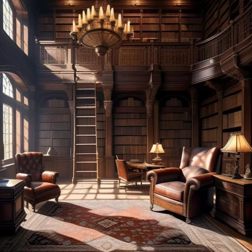  천장부터 바닥까지 내려오는 책장이 있는 전통적인 도서관, 롤링 사다리, 큰 나무 책상, 가죽 안락 의자, 골동품 깔개, 따뜻한 조명, 고해상도 텍스처, 지적이고 매력적인 분위기