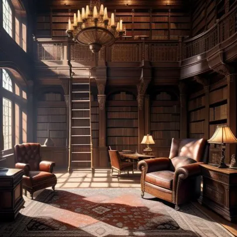  Traditional library with floor-to-ceiling bookcases, rolling ladder, large wooden desk, leather armchair, antique rug, warm lig...