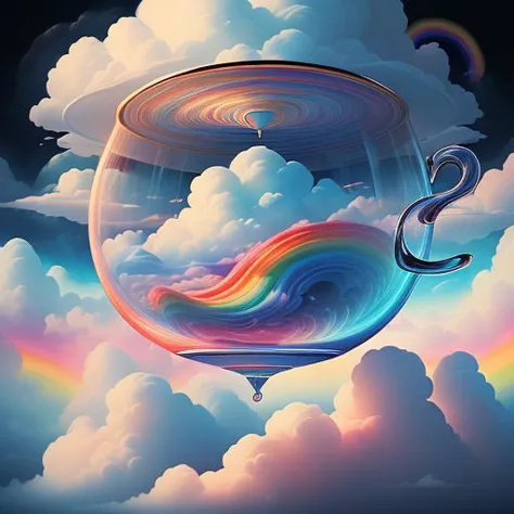  空に浮かぶ巨大なティーカップとソーサー, 雲と虹に囲まれて, 抽象的な, シュール, 夢のような, 様式化された油絵スタイル, 鮮やかな色彩, 詳細, 高解像度, 広角, 異世界の, 素晴らしい