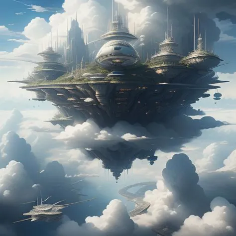 Eine schwebende Stadt in den Wolken, mit Luftschiffen, die an himmelhohen Plattformen andocken und Wolken, die als Straßen dienen, futuristisch, wunderlich, Hohe Höhe, ausführlich