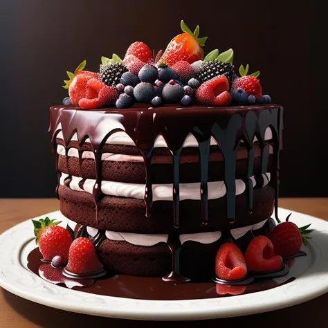  Chocolate cake with rich, fudgy frosting and perfectly layered cake, garnished with fresh berries and drizzled with melted choc...