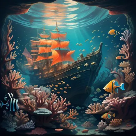 Sunken ship in a vibrant coral reef, with schools of colorful fish swimming by, mysterious, magical, high detail