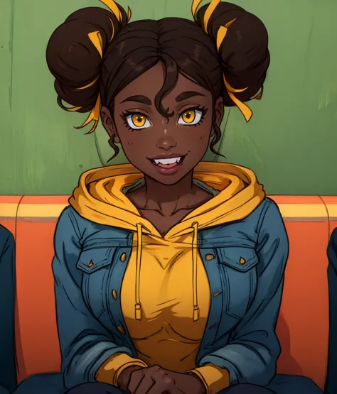 charlotte,yellow eyes,double bun,hair hair ribbon,dark skin,
blue jacket,yellow sweater,hood down,
sitting,upper body,smile,
subway,
(insanely detailed, masterpiece, best quality),(solo),