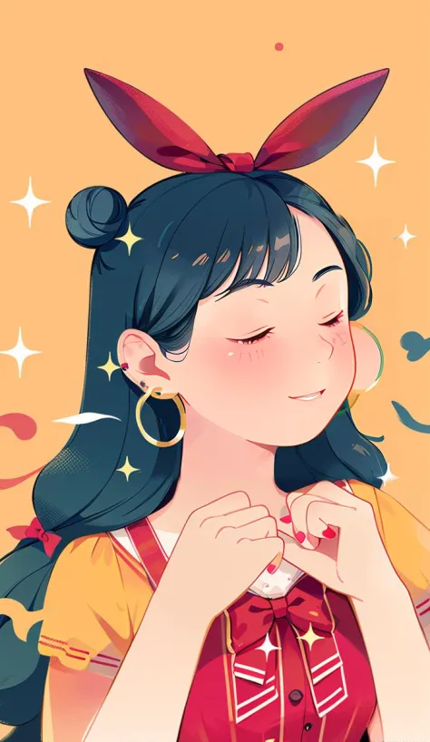 1 girl, solo, eyes closed, earrings, long hair, jewellery, simple background, hands up, top, blue hair, polka dots, red ribbon, silhouette, ribbon, bow, nail polish, glitter, bun, blush, red bow, polka dot bow, hairband, fringes, hair ribbon, indoor, girls...