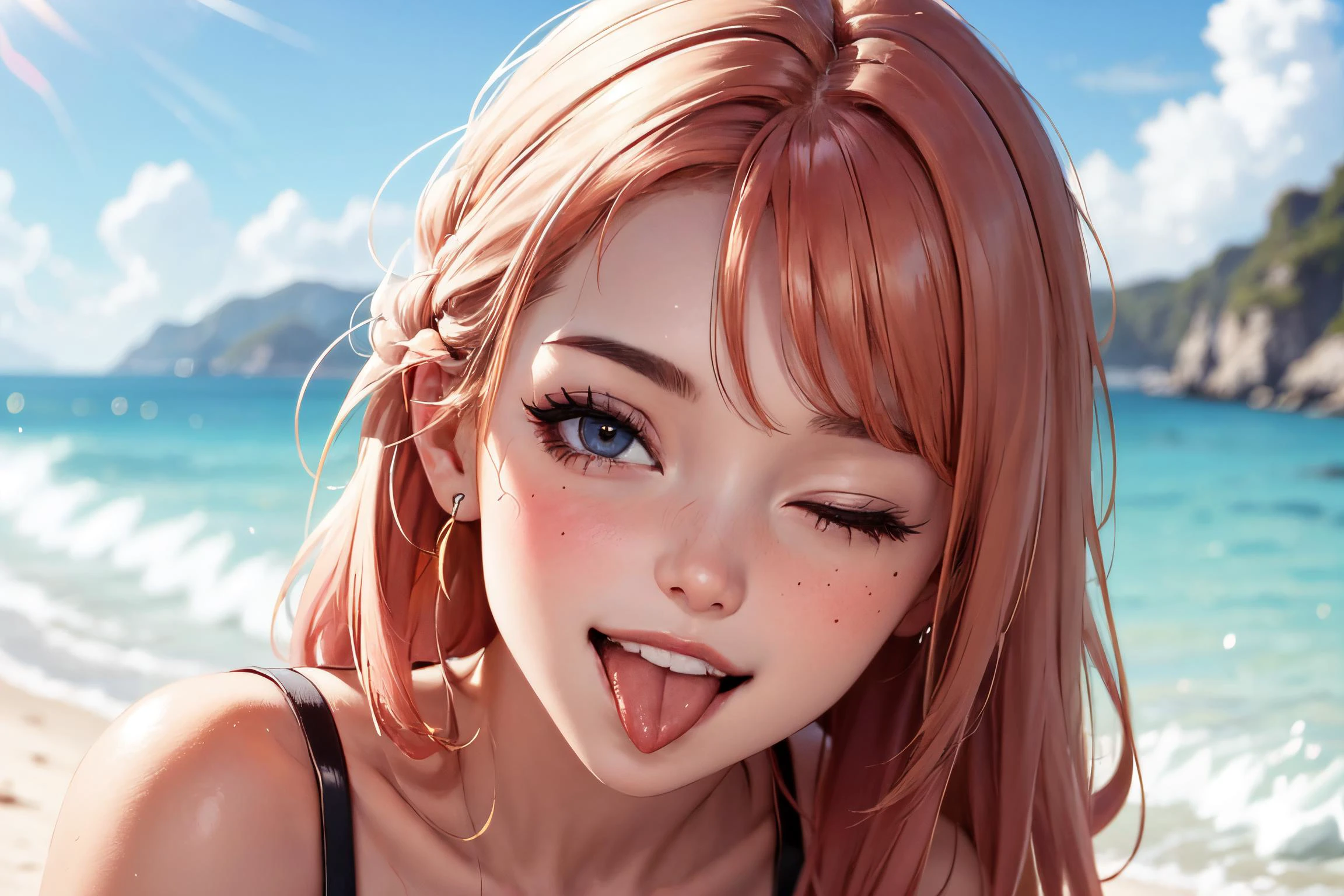 wink, one eye closed, playful smile, tongue out,, masterpiece, best quality, absurdres, highres, 4k, ray tracing, intricate details, highly detailed, (1girl:perfect face, cute, small breasts, long ginger hair, petite)