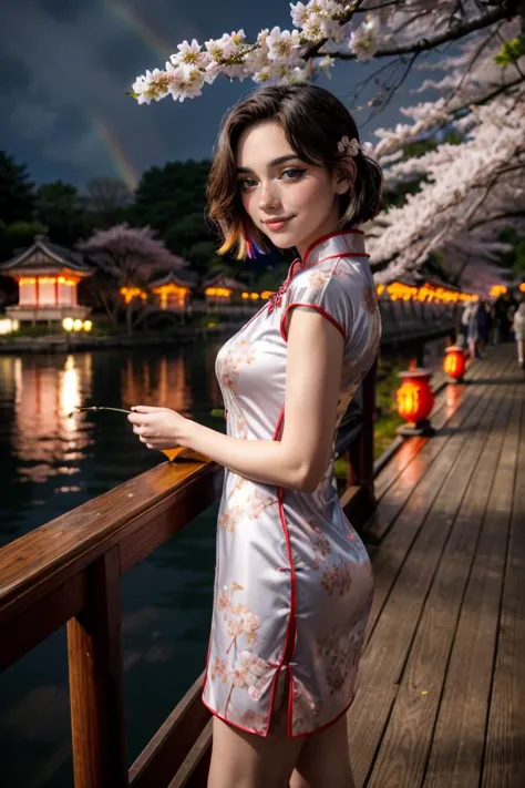 wearing a Cheongsam, (rainbow) trim, shiny silk, floral design, looking at viewer, smirk, happy, medium shot, standing, outside, lake, night torii, high quality, masterpiece, (sakura trees, cherry blossom), (paper lanterns, lunar new year), better_oppai, <lora:PerfectFullBreasts-fCV3.5:1.0>, <lora:more_details:0.8>, <lora:GoodHands-beta2:0.8>, <lora:Shubble:0.8>