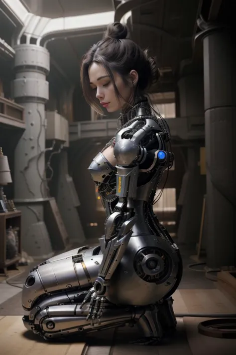 a woman in a futuristic suit sitting on a machine