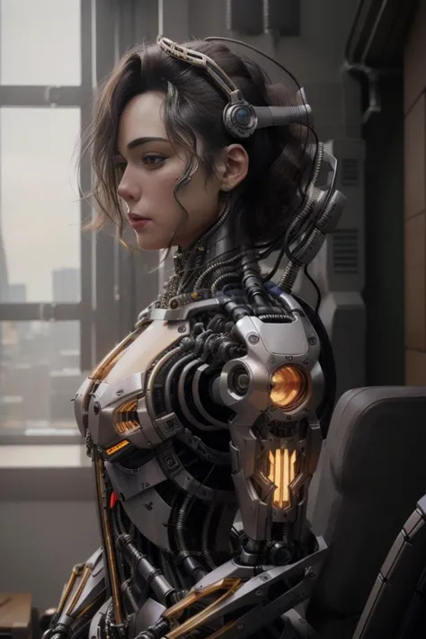 a woman in a futuristic suit sitting on a chair