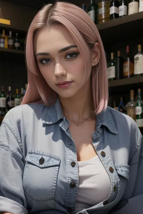 a close up of a woman with pink hair sitting in front of a shelf of bottles