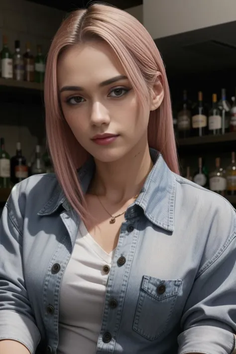 1girl, beautiful, (facing the viewer), standing ((behind)) a bar, at a ((bar)), ultra skin texture, BREAK
((bartender)), ((leaning forward)), ((restaurant)), looking at the camera, eye contact BREAK
(wearing a (pink) button up shirt and jeans (shorts)), BREAK
((buttons popped, shirt pulling at the buttons, buttons breaking, shirt ripping)), shirt unbuttoned, ((((tight shirt)))) BREAK
 makeup, long straight hair, pale skin, fair skin, white skin, BREAK
<lora:Shubble:1>