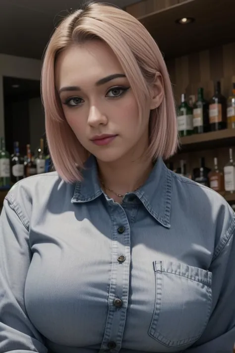 a woman with pink hair and a denim shirt sitting at a bar