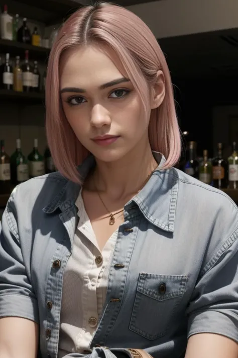 a woman with pink hair sitting at a bar with a bottle of wine