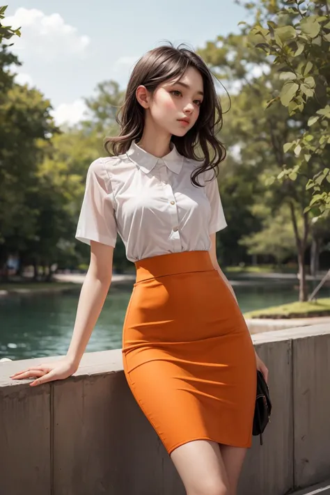 1girl,outdoors, ss pencil skirt,orange pencil skirt, best quality,masterpiece,an extremely delicate and beautiful <lora:more_det...