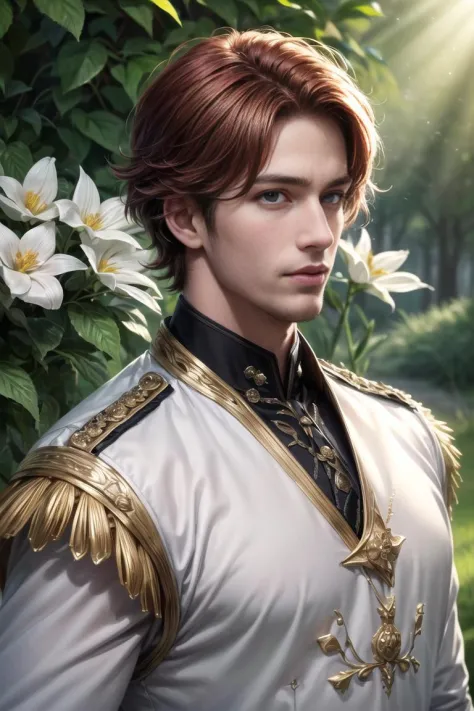 masterpiece, best quality, (absurdres, highres, ultra detailed), 1 male, adult, handsome, tall muscular guy, broad shoulders, finely detailed eyes and detailed face, red hair, green eyes, handsome, suit, fantasy, uniform, royal, Forest, flowers blooming brightly-bloomed flowers, Sunlight, Fantastic light and shadow, Scenery, portrait,