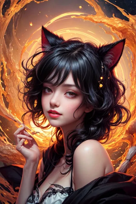 masterpiece, best quality, (absurdres, highres, ultra detailed), 1girl, black hair, red eyes, glowing eyes, witch, parted lips, blush, night, cat ears, magic circle, smile, broom, 