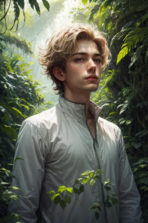 realistic, (absurdres, highres, ultra detailed), 1 male, solo, mature,  broad shoulders, handsome, angular jaw,  BREAK, looking at viewer, short blonde hair, blue eyes, long sleeves, forest, trees full of greenery, fluttering leaves, natural light and shadow, Jungle exploration, lots of plants, depth of field, 