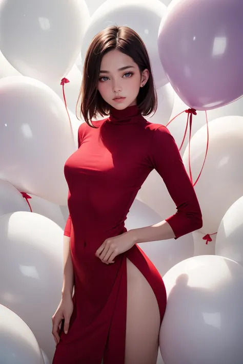 piel humana real,foto cruda, Foto de retrato de moda de una hermosa joven de los años 60 con un jersey de cuello alto rojo parada en medio de una tonelada de globos blancos.,Tomada con una cámara Hasselblad de formato medio.,grano de la película,Fujifilm XT3,