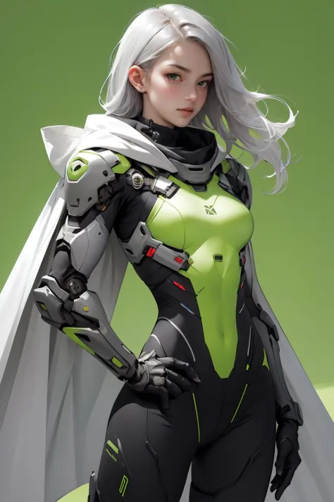 absurdres,1girl BREAK android,(grey cybersuit),(black upper armor),mechanical arms,machinery,prosthesis,solo,silver hair,long ha...