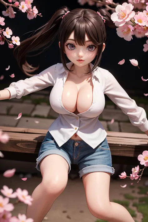 (best quality, high quality, masterpiece:1.3), 1girl, cute and adorable, shorts, wide top, cleavage, cameltoe, dirty, valley, falling petals, cherry blossoms, detailed background, inside a well, from above,