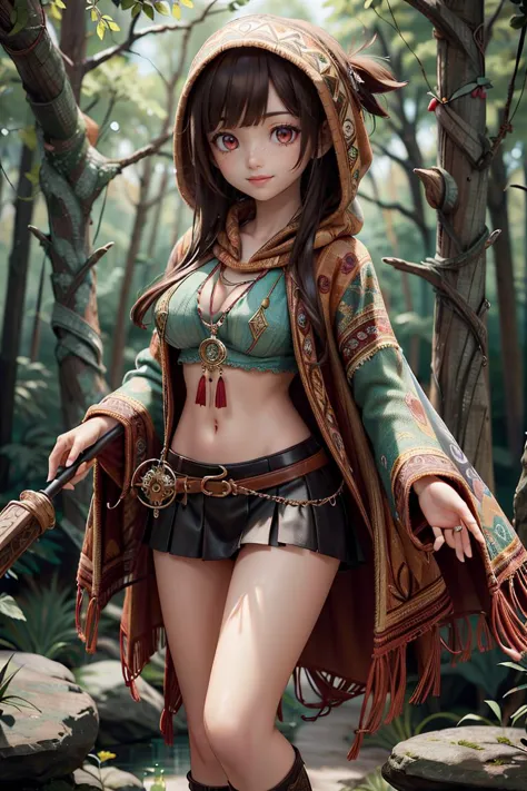 (best quality, highres, highly detailed, masterpiece:1.3), 1 girl, adult woman, freckles, red eyes, black shag hair,, (skirt lift:1.2), cameltoe, character focus portrait, solo, upper body, looking at viewer, detailed background, detailed face, (<lora:Boho...