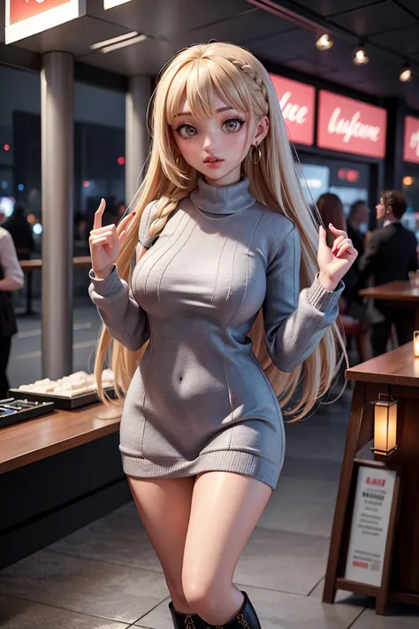 (best quality, highres, highly detailed, masterpiece:1.3), winter, Sweater dress with boots and tights, Miss, Tall, Thin, Diamond-Shaped Face, Fair Skin, Platinum Blonde Hair, Brown Eyes, Wide Nose, Full Lips, Prominent Chin, Shoulder-Length Hair, Straight...
