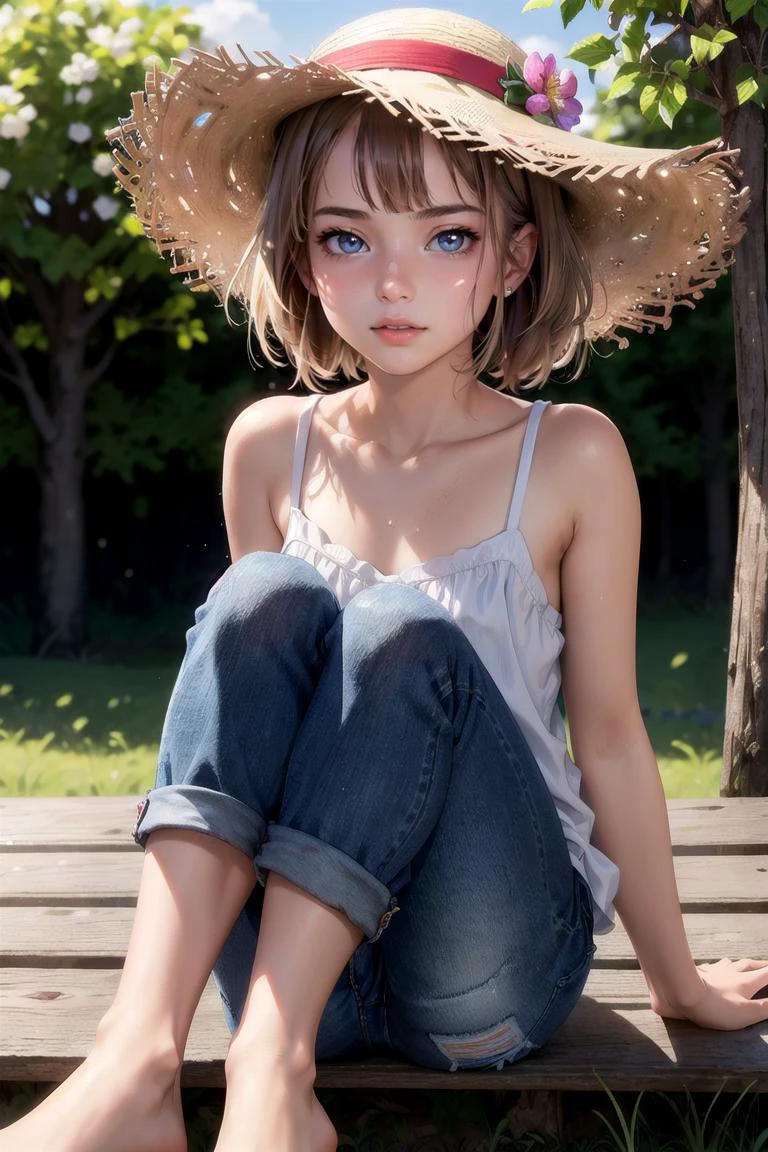 1girl, white transparent summer outfit, jeans shorts, straw hat, bare feet, blonde hair, blue eyes, full body, Style-Petal, trees background, sunny day, perfect eyes, perfect hands, ultra high res, cinematic angle, professional lighting, best quality, masterpiece, sidelighting, sharp, perfect focus, bokeh, photorealistic, (finely detailed beautiful eyes: 1.3), realistic, (3d face:1.1), (lustrous skin:1.5), (ultra high res intricate face details), (face skin pores:1.3), ultra high res cloth texture, 8k eye details, 8k pupils,