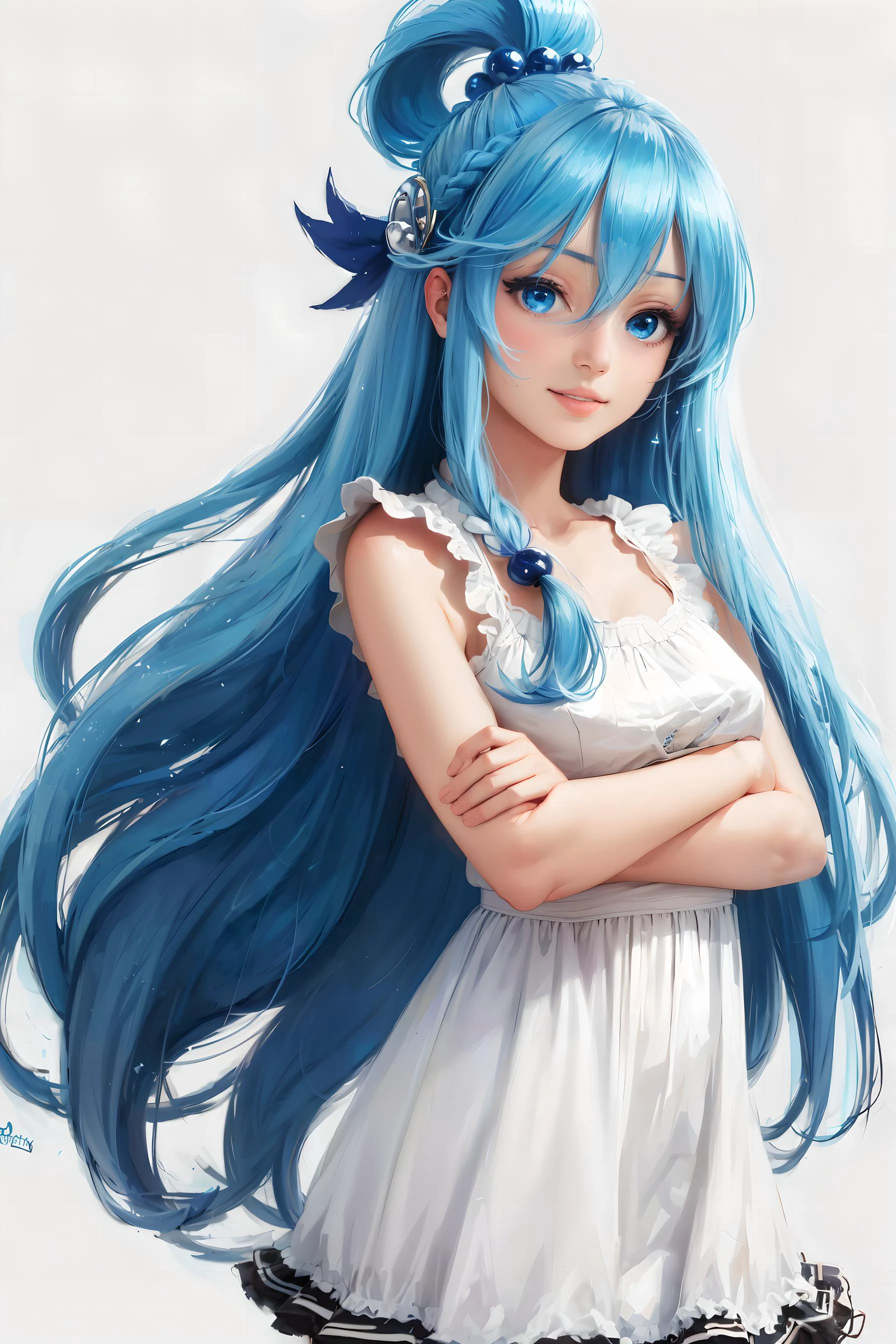 (Obra de arte, melhor qualidade, alta qualidade, alta resolução, ultra-detalhado), 1 garota, aqua \(konosuba\), cabelo azul, olhos azuis, cabelo longo, feliz,vestido de verão branco, realista, fundo simples,