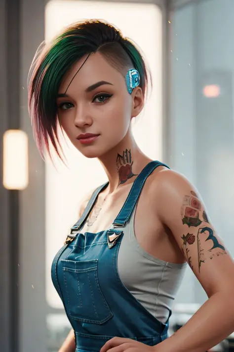 woman, medium breasts, overalls, masterpiece, best quality, highest quality, cinematic lighting, (volumetric lighting), extremely detailed CG unity 8k wallpaper, focused, 8k wallpaper, 4k wallpaper, extremely detailed, ultra realistic, photorealistic, shar...