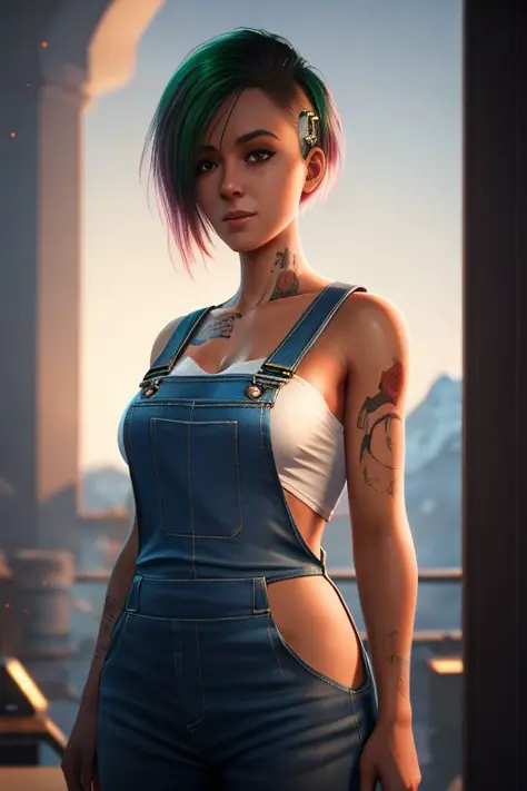 woman, medium breasts, overalls, masterpiece, best quality, highest quality, cinematic lighting, (volumetric lighting), extremely detailed CG unity 8k wallpaper, focused, 8k wallpaper, 4k wallpaper, extremely detailed, ultra realistic, photorealistic, sharp focus, absurdres, (HDR:1.2), (high contrast), photograph, detailed and intricate, instagram, portrait, highly detailed, digital painting, artstation, concept art, smooth, sharp focus, illustration, cinematic lighting,   <lora:Judy:0.8>