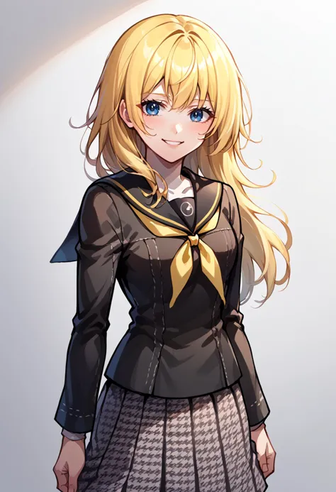 anime girl with blonde hair and blue eyes in a school uniform