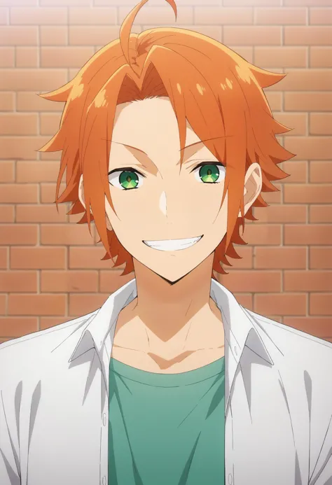 score_9, score_8_up, score_7_up, source_anime, 1boy, portrait, looking at viewer, brick wall, kouichi_shindou, orange hair, green eyes, ahoge, short hair, bangs, parted bangs, happy, grin, layered clothes, white shirt, open shirt, t-shirt, anime coloring, <lora:kouichi_shindou_pony:.85>