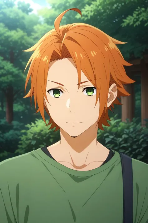 a young man with orange hair and green eyes stands in front of a forest