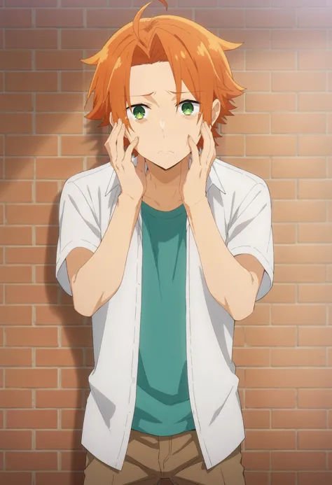 anime boy with orange hair and green eyes standing in front of a brick wall