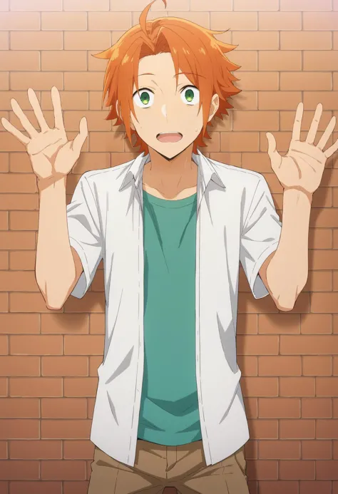 score_9, score_8_up, score_7_up, source_anime, 1boy, solo, looking at viewer, straight-on, standing, hands up, waving, against wall, brick wall, kouichi_shindou, orange hair, green eyes, ahoge, short hair, bangs, parted bangs, surprised, open mouth, teeth, sweat, open mouth, wide-eyed, constricted pupils, layered clothes, white shirt, open shirt, t-shirt, brown pants, anime coloring, <lora:kouichi_shindou_pony:.85>