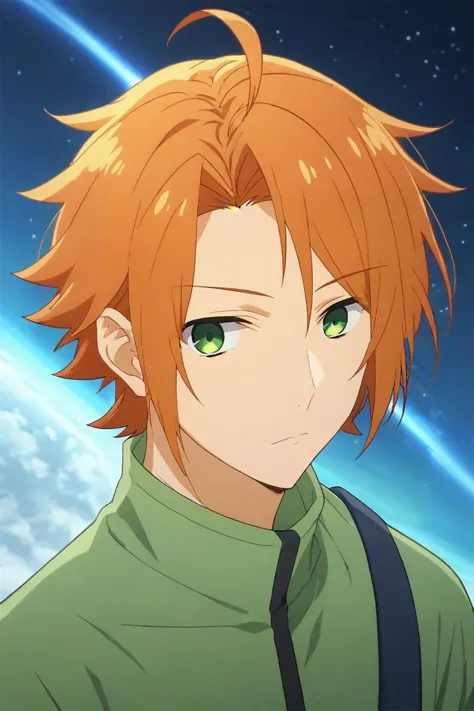 a young man with orange hair and green eyes looks at the camera